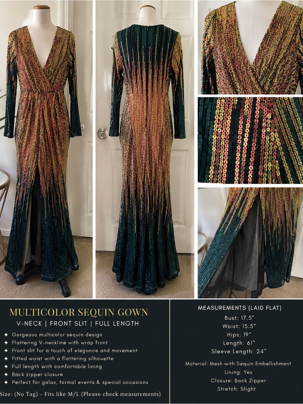 Fashion Nova Multicolor Sequin V-Neck Gown in Gold, Green, Pink